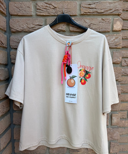 B-Ware | Regular-Fit Boxy-T-Shirt mit orangefarbenem Print und Charm-Anhänger