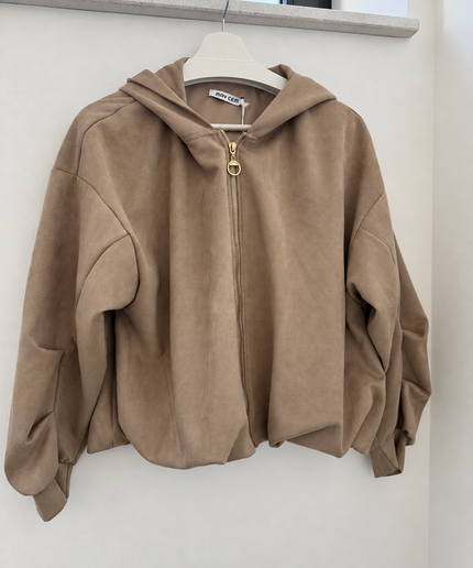 Kapuzenjacke in Veloursoptik mit goldenem Reißverschluss | Taupe