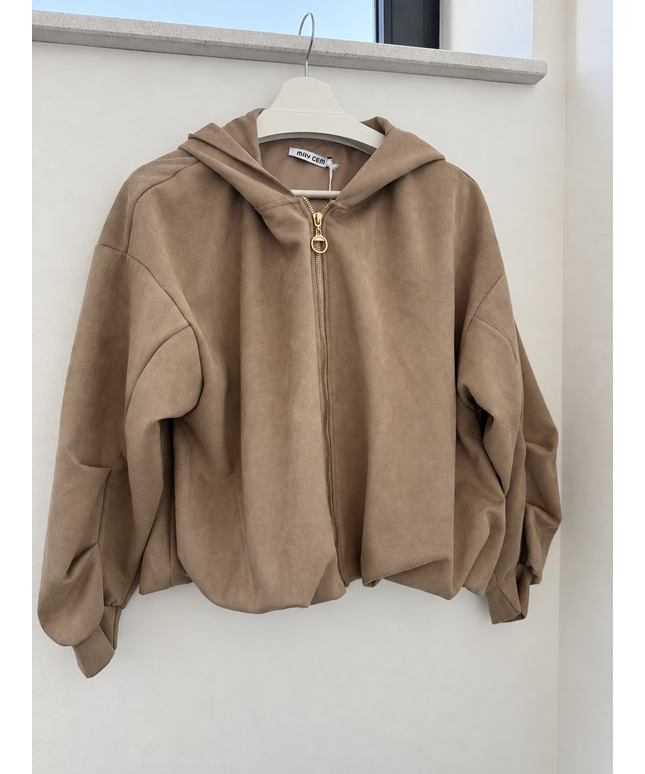 Kapuzenjacke in Veloursoptik mit goldenem Reißverschluss | Taupe