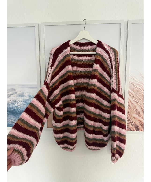 Gestreifte Strickjacke TINA | bordeaux braun rosa