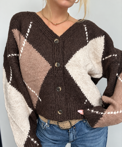 Strickjacke mit Argyle Muster und Knopfleiste | Schokobraun