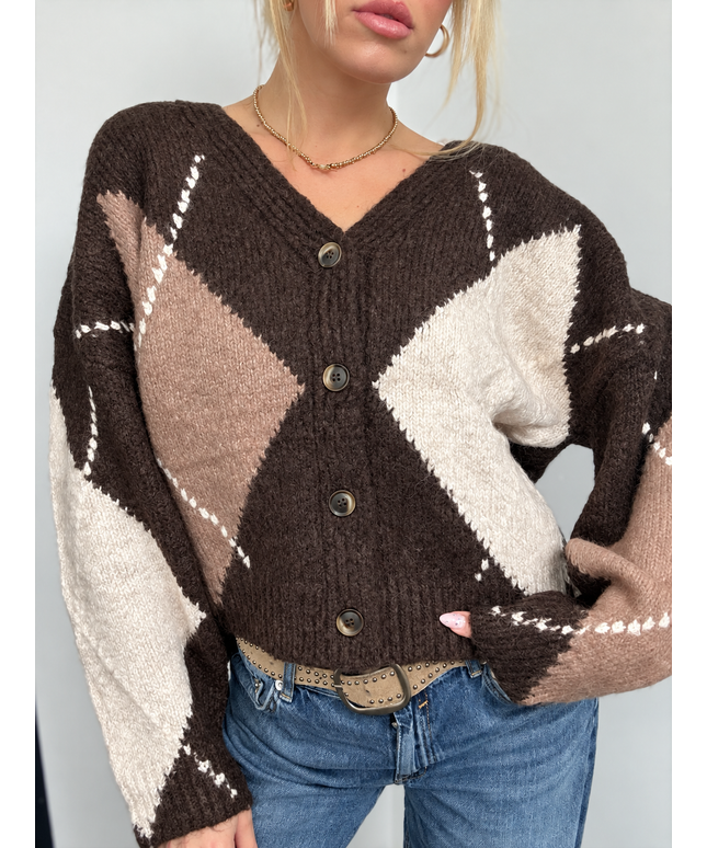 Strickjacke mit Argyle Muster und Knopfleiste | Schokobraun