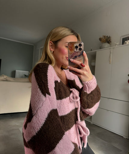 Strickjacke mit Schleifen und Streifen | KALI | rosa braun