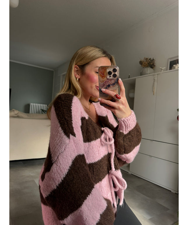 Strickjacke mit Schleifen und Streifen | KALI | rosa braun