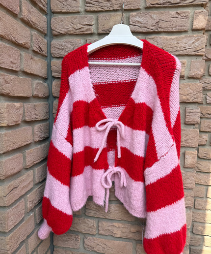 Strickjacke mit Schleifen und Streifen | KALI | rosa rot