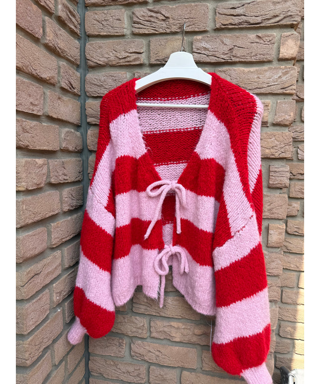 Strickjacke mit Schleifen und Streifen | KALI | rosa rot