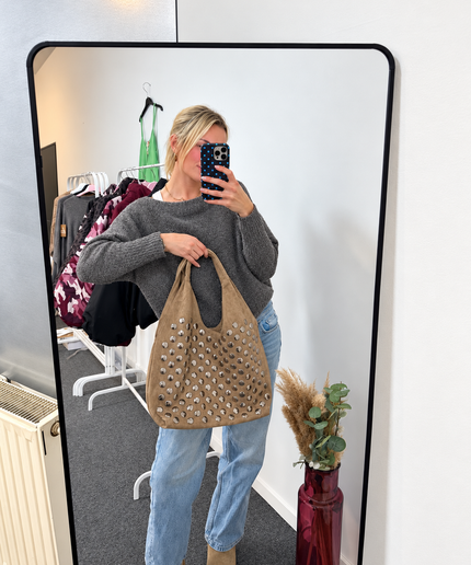 Kelly Shopper Tasche Hobo Bag in Wildleder-Optik mit Nieten | Taupe