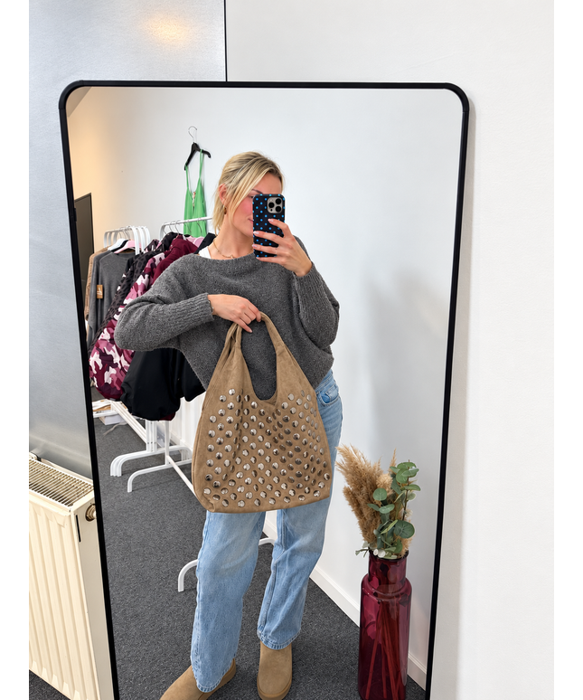 Kelly Shopper Tasche Hobo Bag in Wildleder-Optik mit Nieten | Taupe