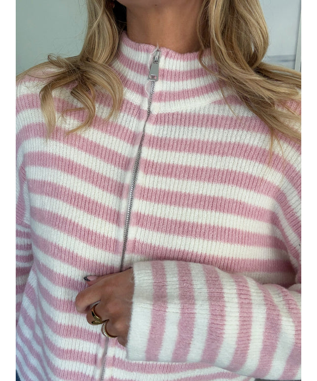 STRIPED FULL ZIP CARDIGAN | Modell Stella | rosa/weiß