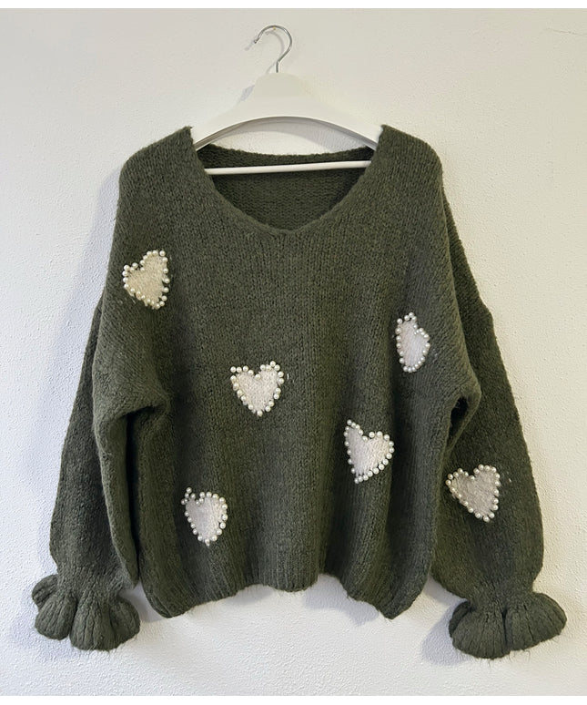 Pullover mit Herzmuster & Perlen