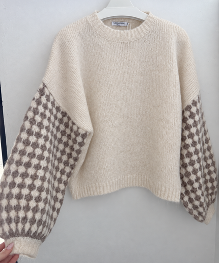 Strickpullover Elina mit Musterärmeln | Creme/Taupe