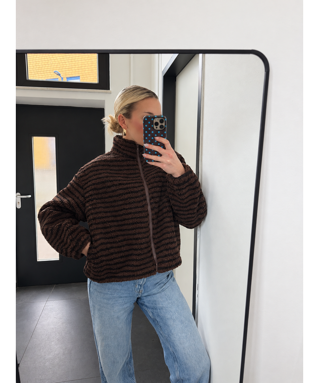Gestreifte Teddyjacke mit Reißverschluss | Dunkelbraun/Schwarz