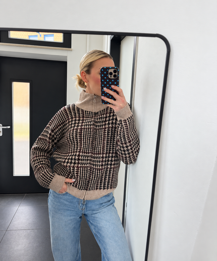 Zip Hahnentritt Strickjacke mit Stehkragen
