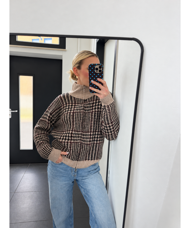 Zip Hahnentritt Strickjacke mit Stehkragen