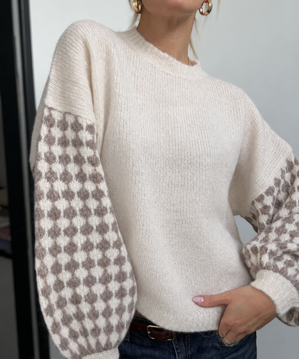Strickpullover Elina mit Musterärmeln | Creme/Taupe