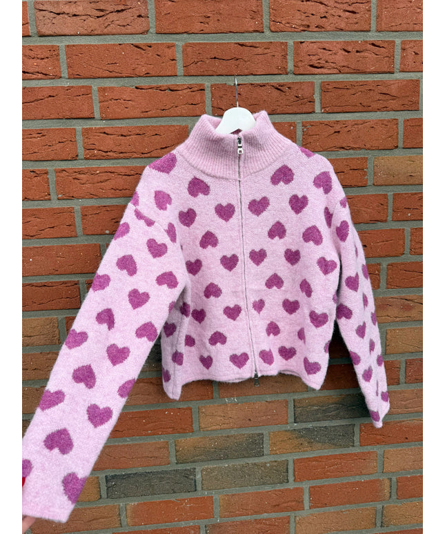 Strickjacke mit Zipper und Herzen | rosa pink