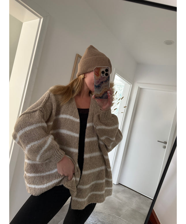 Oversized Strickjacke mit weiten Ärmeln | taupe | gestreift
