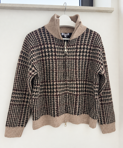 Zip Hahnentritt Strickjacke mit Stehkragen