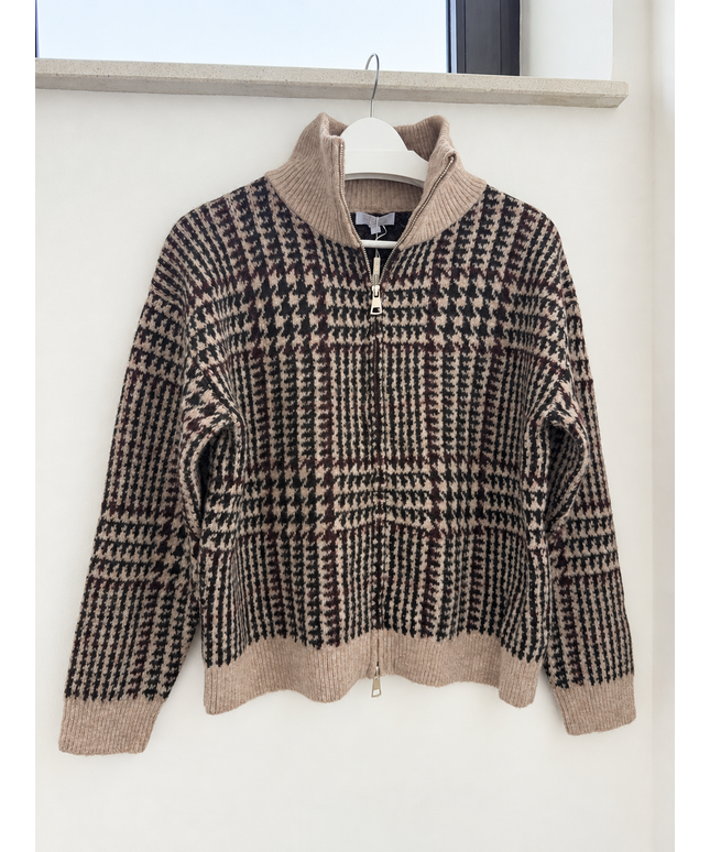 Zip Hahnentritt Strickjacke mit Stehkragen