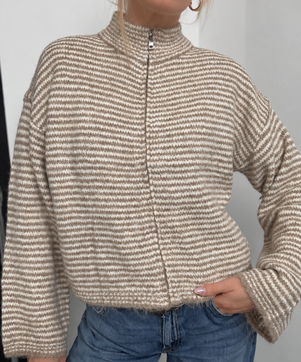 Strickjacke mit Zipper | taupe weiß