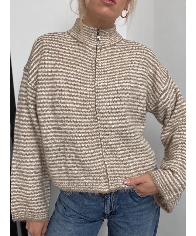 Strickjacke mit Zipper | taupe weiß