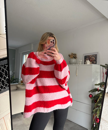 Oversize Strickpullover | gestreift | rosa rot