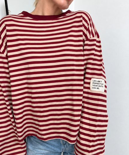 Gestreiftes Langarmshirt mit Patch | Striped Long Sleeve | Bordeaux/Beige