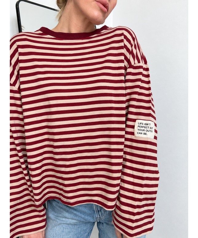 Gestreiftes Langarmshirt mit Patch | Striped Long Sleeve | Bordeaux/Beige