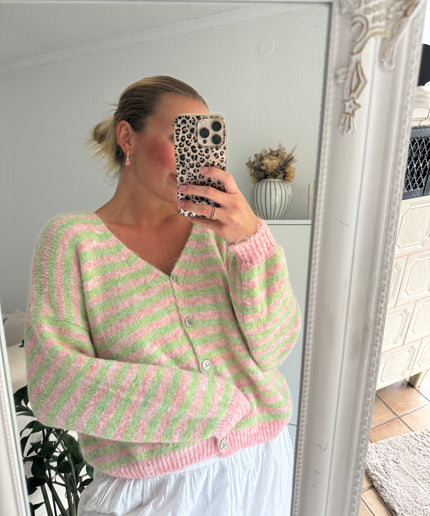 Gestreifte Strickjacke | grün rosa