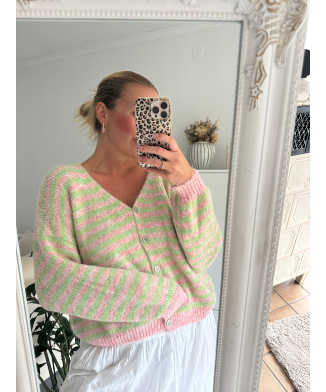 Gestreifte Strickjacke | grün rosa