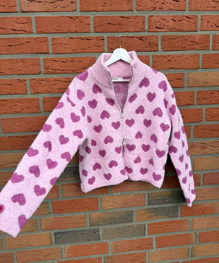 Strickjacke mit Zipper und Herzen | rosa pink