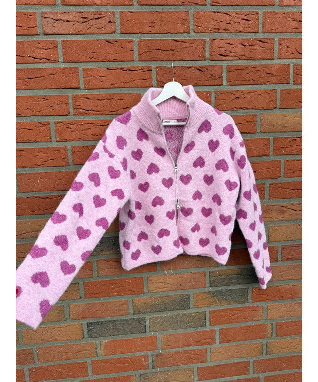 Strickjacke mit Zipper und Herzen | rosa pink