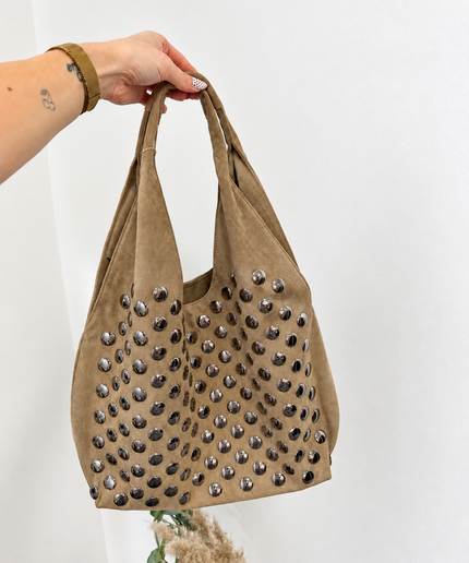 Kelly Shopper Tasche Hobo Bag in Wildleder-Optik mit Nieten | Taupe
