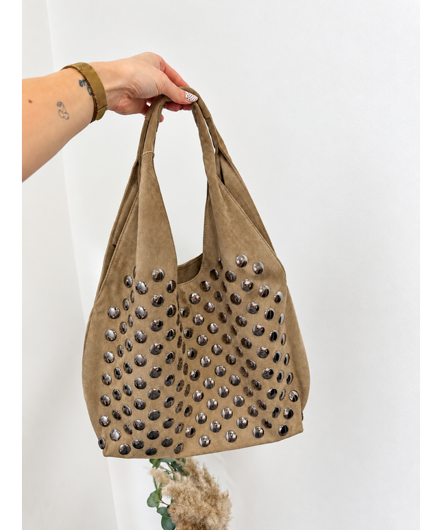Kelly Shopper Tasche Hobo Bag in Wildleder-Optik mit Nieten | Taupe