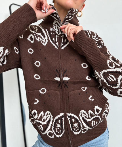 Zip Strickjacke mit Ornamentmuster und Taschen | Dunkelbraun/Weiß