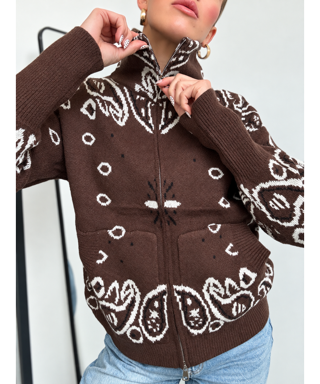 Zip Strickjacke mit Ornamentmuster und Taschen | Dunkelbraun/Weiß