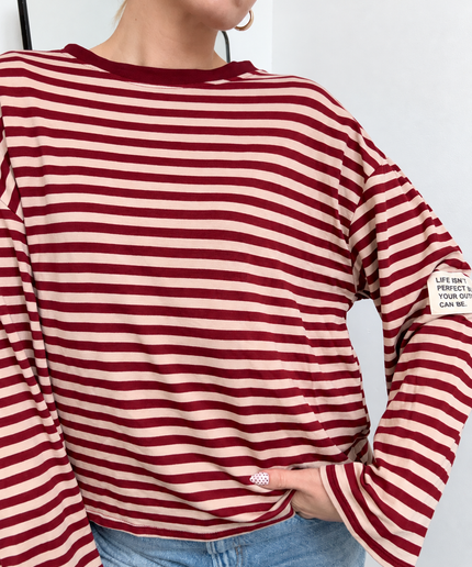 Gestreiftes Langarmshirt mit Patch | Striped Long Sleeve | Bordeaux/Beige