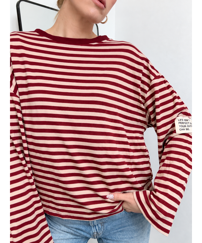 Gestreiftes Langarmshirt mit Patch | Striped Long Sleeve | Bordeaux/Beige