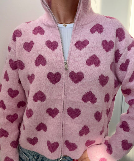 Strickjacke mit Zipper und Herzen | rosa pink