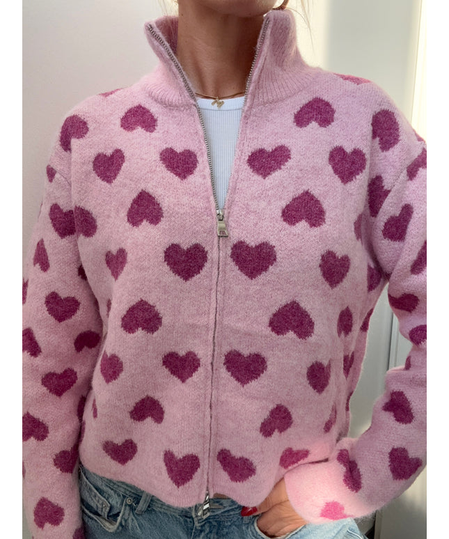 Strickjacke mit Zipper und Herzen | rosa pink