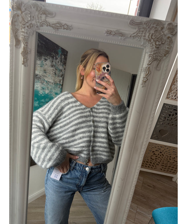 Gestreifte Strickjacke | grau