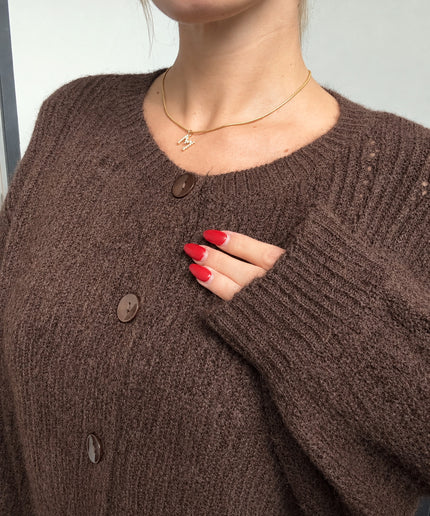 Oversize-Strickjacke mit Lochstrickmuster und Knöpfen | Schokobraun