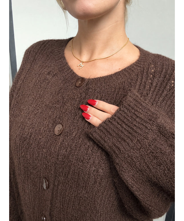 Oversize-Strickjacke mit Lochstrickmuster und Knöpfen | Schokobraun