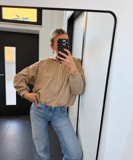 Kapuzenjacke in Veloursoptik mit goldenem Reißverschluss | Taupe