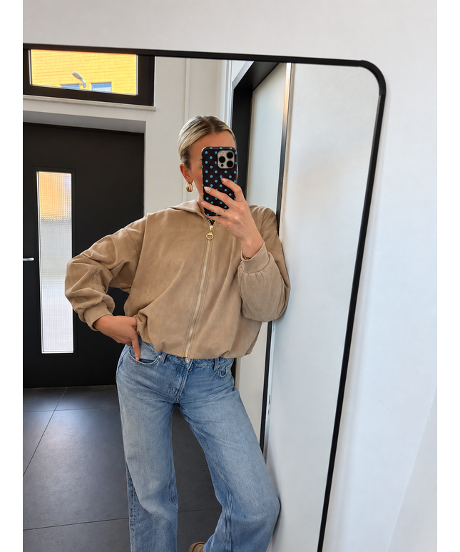 Kapuzenjacke in Veloursoptik mit goldenem Reißverschluss | Taupe