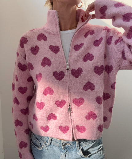 Strickjacke mit Zipper und Herzen | rosa pink