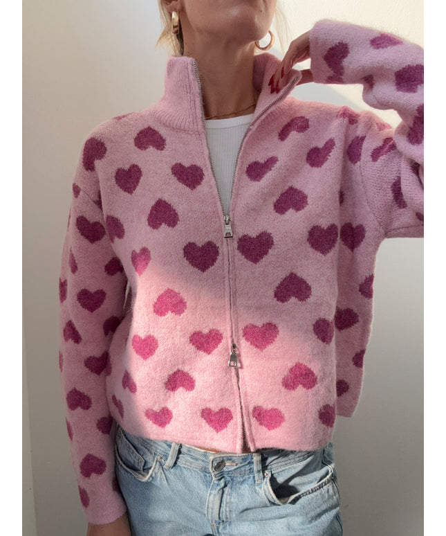 Strickjacke mit Zipper und Herzen | rosa pink