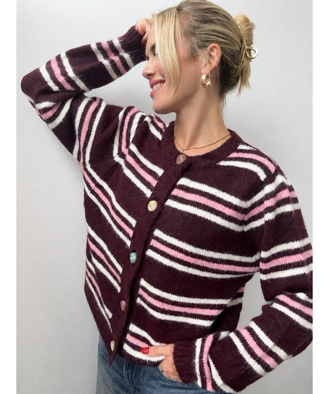 Gestreifte Strickjacke mit Statement-Knöpfen | Bordeaux