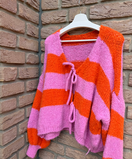 Strickjacke mit Schleifen und Streifen | KALI | rosa orange