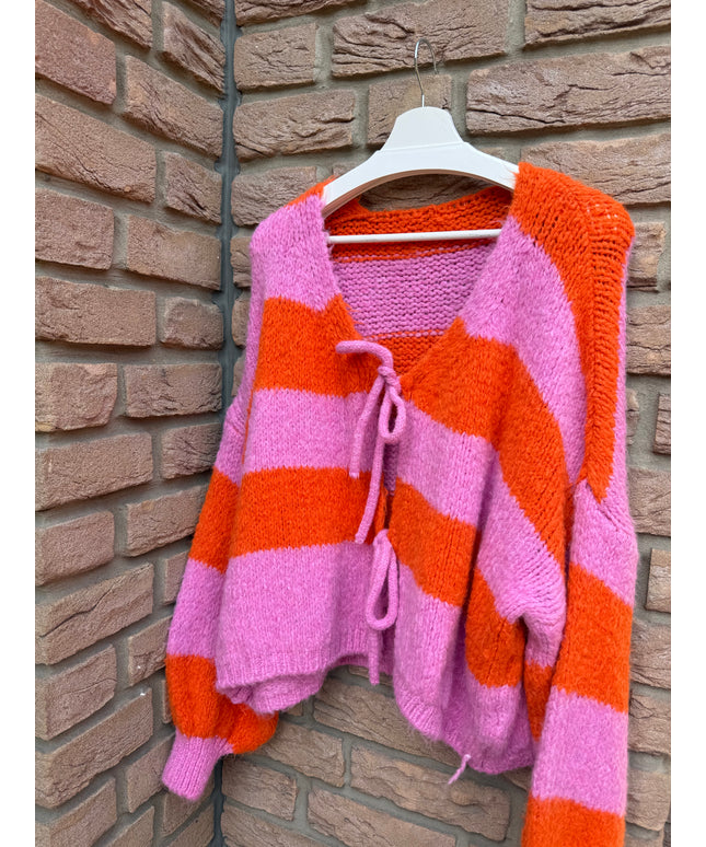Strickjacke mit Schleifen und Streifen | KALI | rosa orange